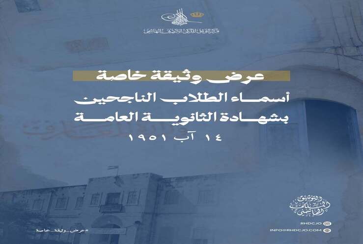 ينشر مركز التوثيق الملكي الأردني الهاشمي وثيقة تاريخية توثّق نشر أسماء الطلبة الناجحين في امتحان شهادة الدراسة الثانوية العامة.